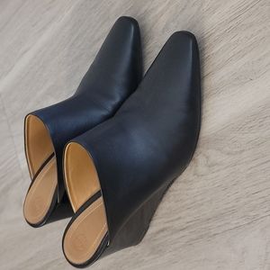 EUC The Row Flora mule with contrast wood wedge detail